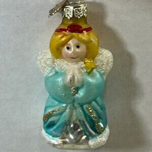 VTG Christmas Angel Hand Blown Glass Glitter Holiday Tree Ornament 1.75"x3.25"